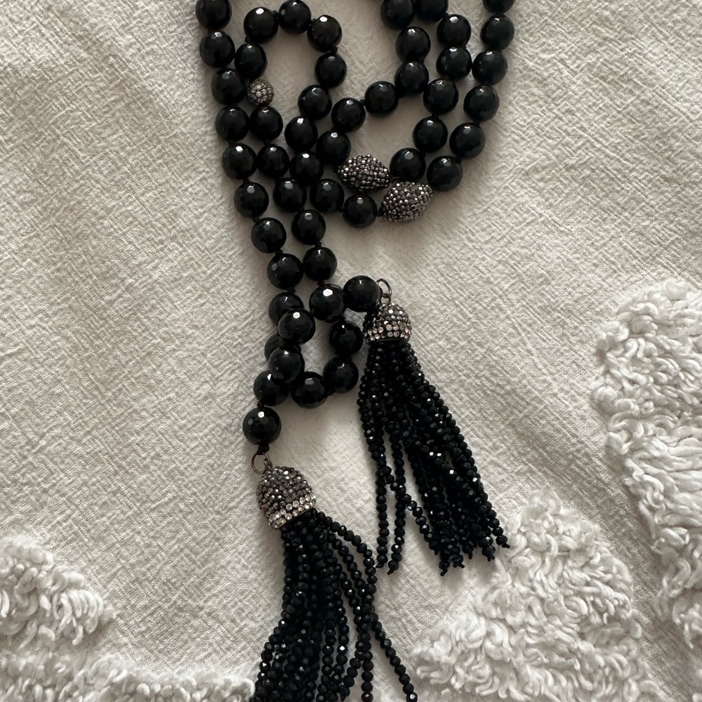 Black 60 inch necklace can be worn as a double necklace a or a belt